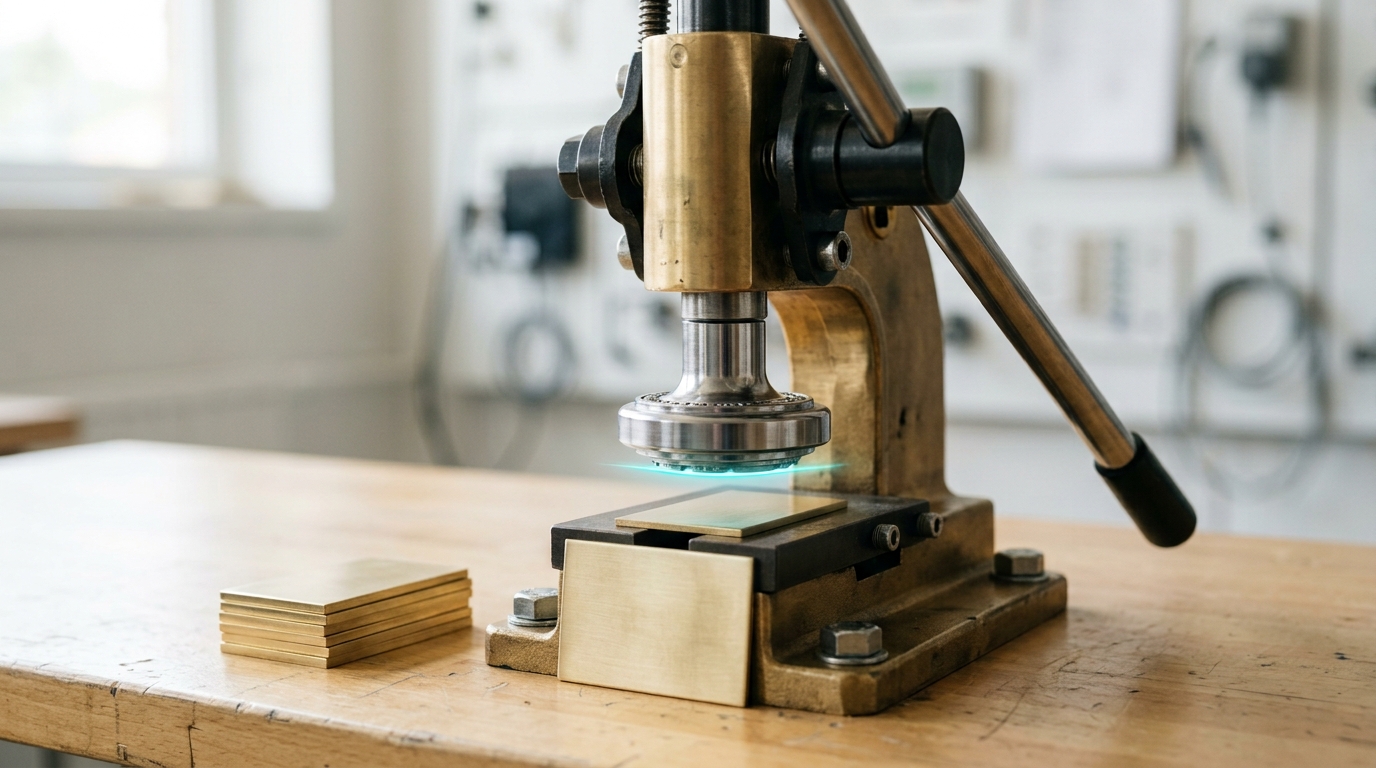 A small brass-and-steel conformance-stamp press on a side table, its handle caught mid-pull, the stamp head hovering just above an unstamped brushed-brass plate with a stack of further blank plates beside it