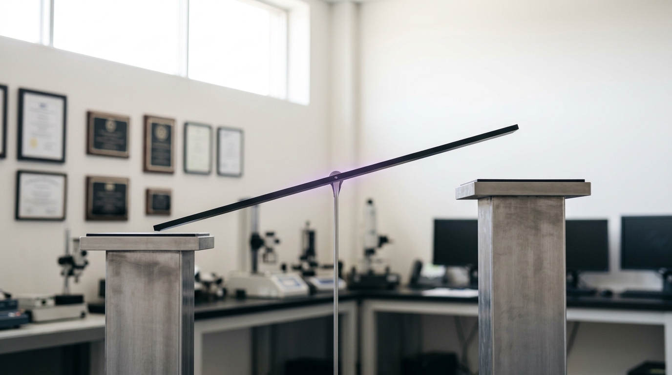 Two facing brushed-steel measurement plinths in a bright room with a small suspended balance beam between them, the beam caught tilted, not yet resting against either plinth