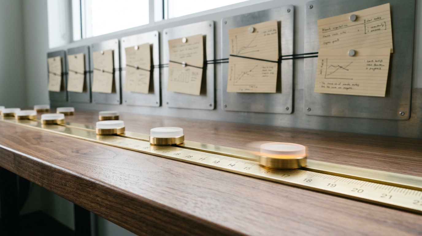A long pale-ash bench with two parallel brass graduated rails let into its surface, a steel indicator puck on each rail linked by a taut fine wire, one puck well ahead of the other