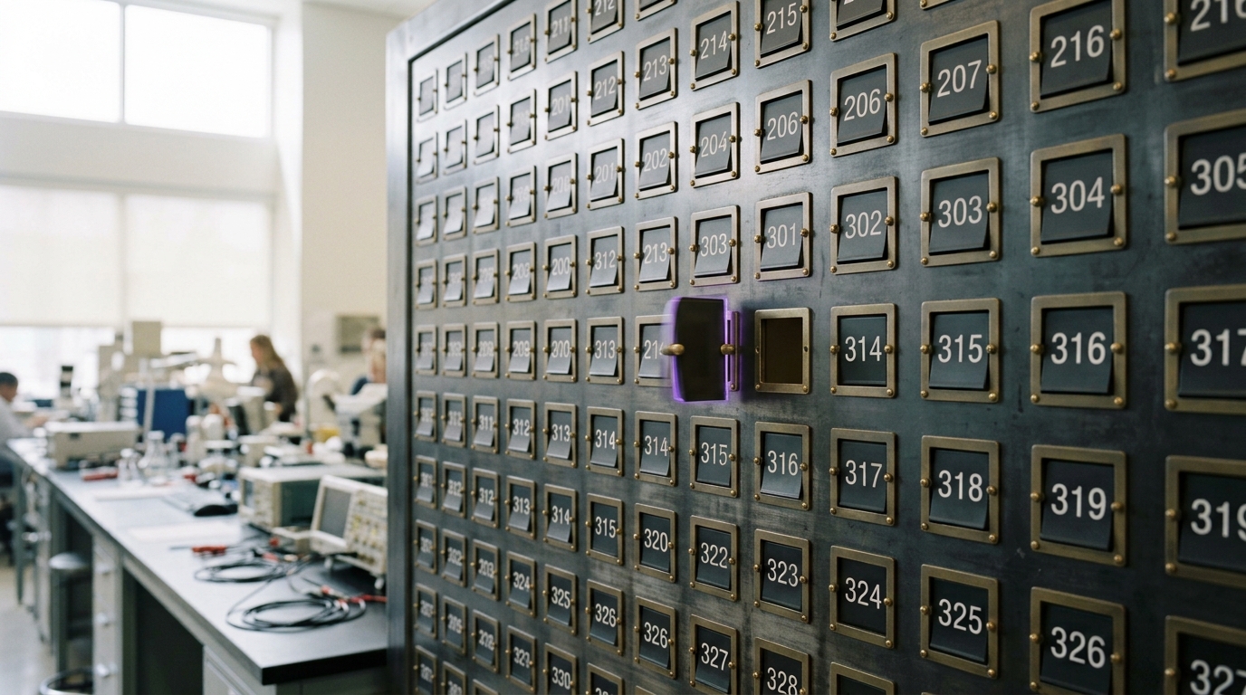 A tall steel cabinet of small hinged annunciator flap-windows arranged in a numbered grid, most flaps resting flat, one flap caught mid-flip on its pivot