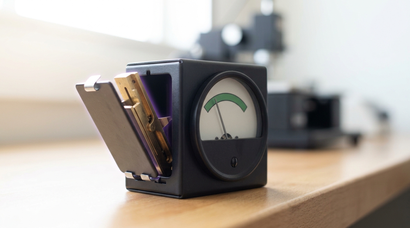 A small steel demonstration mechanism with its outer access panel lifted clear, exposing an inner slider resting out of position behind a front dial that still reads within its safe arc