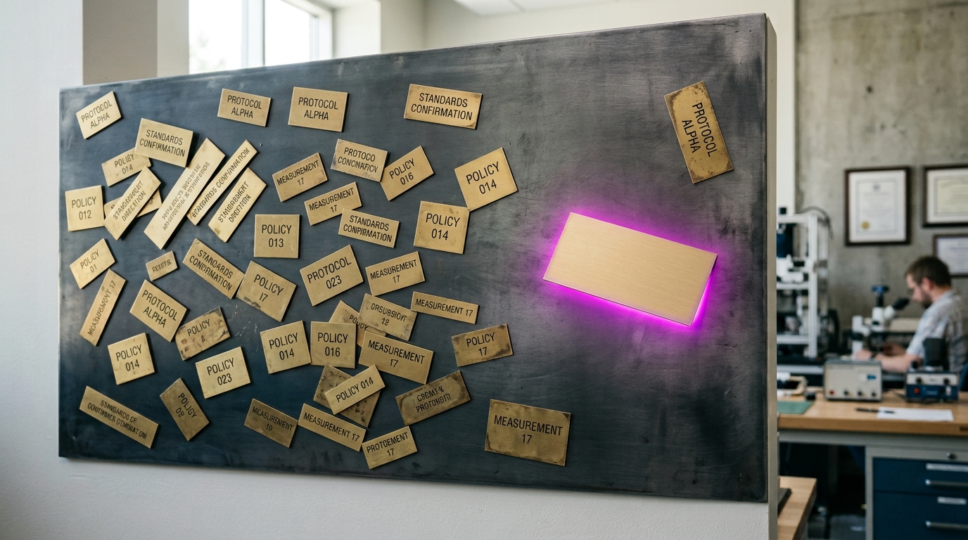 A magnetic steel board carrying a loose scatter of small brass policy plaques at uneven angles, one further plaque held against the board by its magnet but not yet pressed level with the rest
