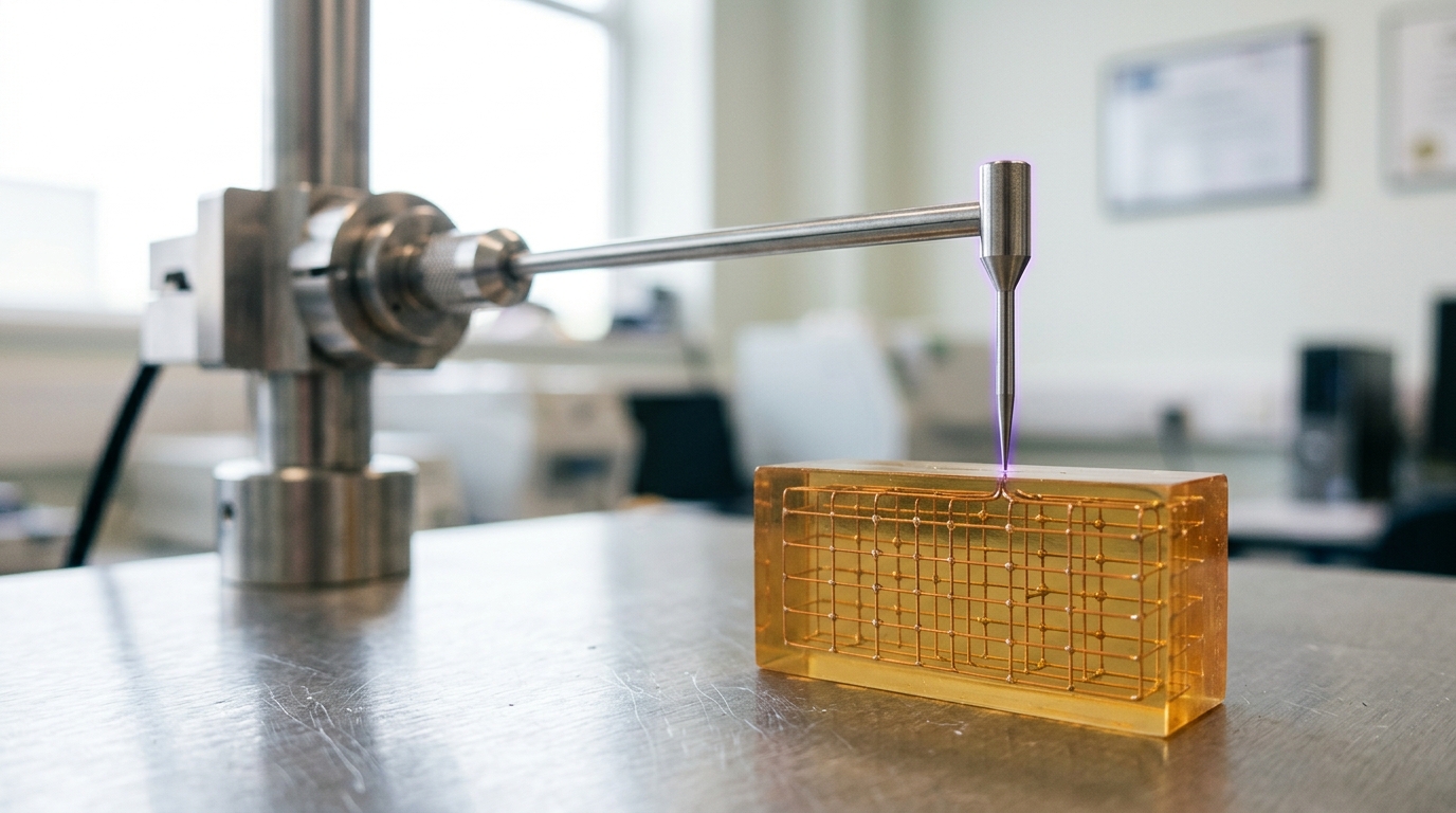 A fine steel probe arm poised over a translucent resin specimen block holding embedded circuit filaments, its needle tip caught a hair's width above one filament junction, not yet touching
