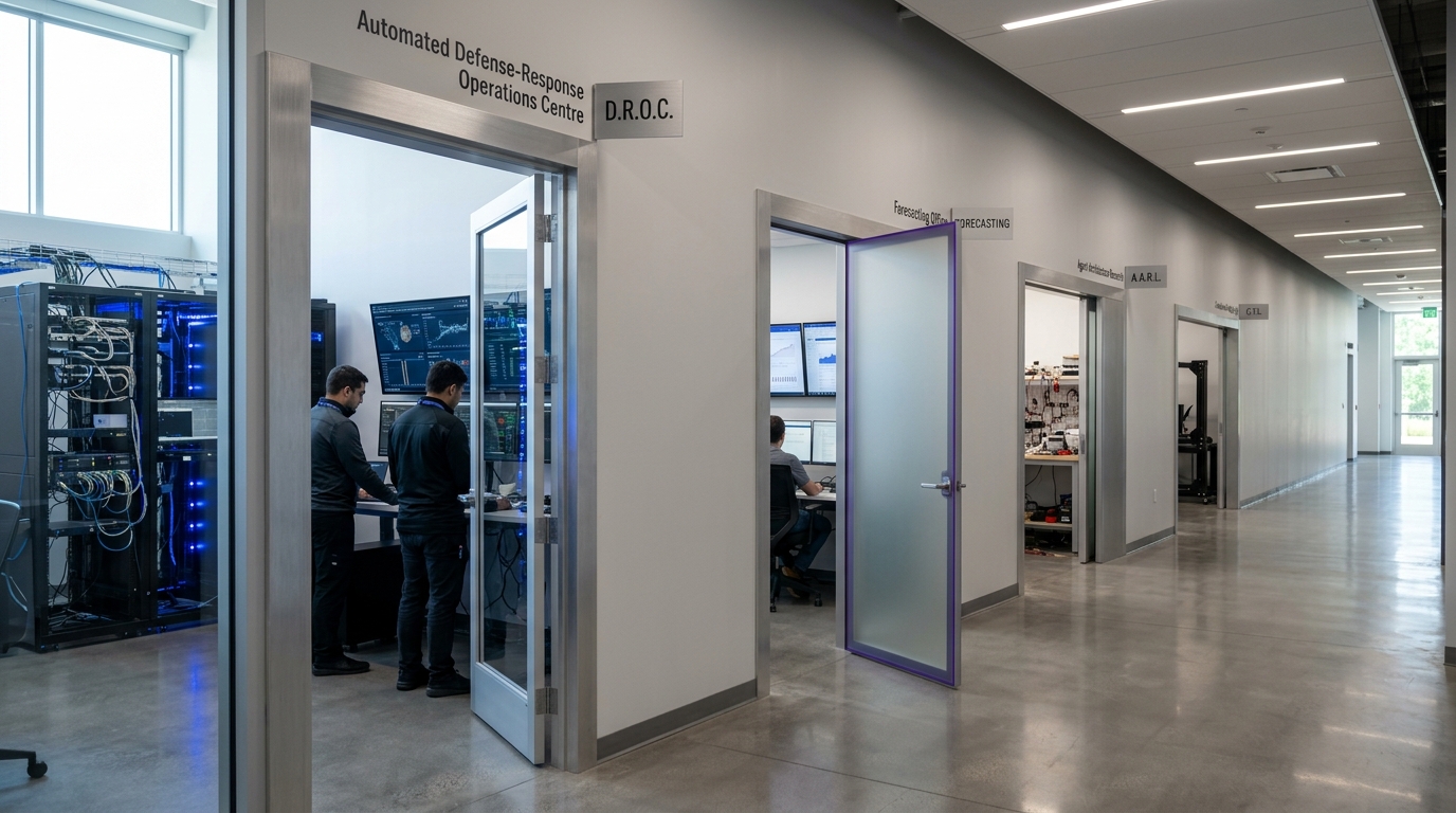 A wide corridor in the AI-security institute with doorways onto the defense-response operations centre, the cost-trend forecasting office, the agent-architecture research bench, and the compliance testing lab, each caught in a different state of openness