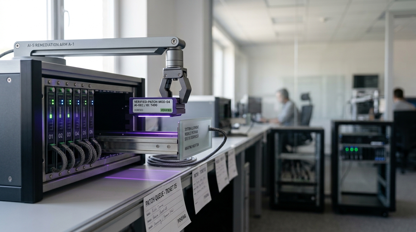 A robotic remediation arm in an automated defense-response operations centre, caught lowering a verified patch module a hair's width above a live server rack's open slot, a queue of further patch tickets waiting on a rail beside it