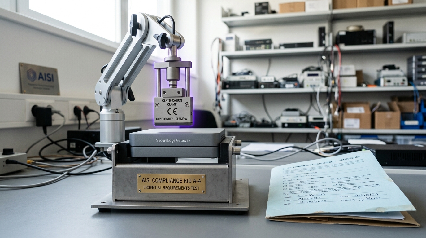 A product under test racked in an essential-requirements rig in a regulatory compliance testing lab, a certification clamp caught a hair's width above the product's service seam, an EU declaration folder open on the bench beside it