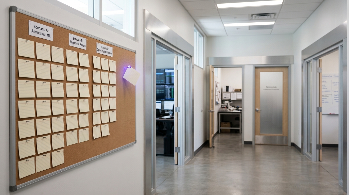 A cork-and-steel signals wall in a bright AI-security institute corridor, rows of pinned indicator cards for four scenarios, one card's pin caught mid-push a hair's width short of the board with the four scenario rooms' doorways visible beyond