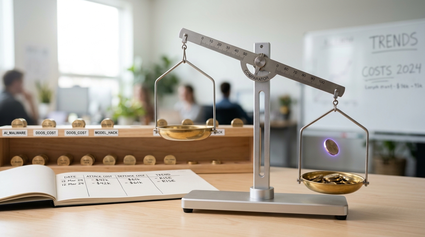A mechanical balance-beam cost comparator in a forecasting office, a small brass token caught mid-fall toward the attacker-side pan while the beam still tips from an earlier reading, a paper ledger open beside it