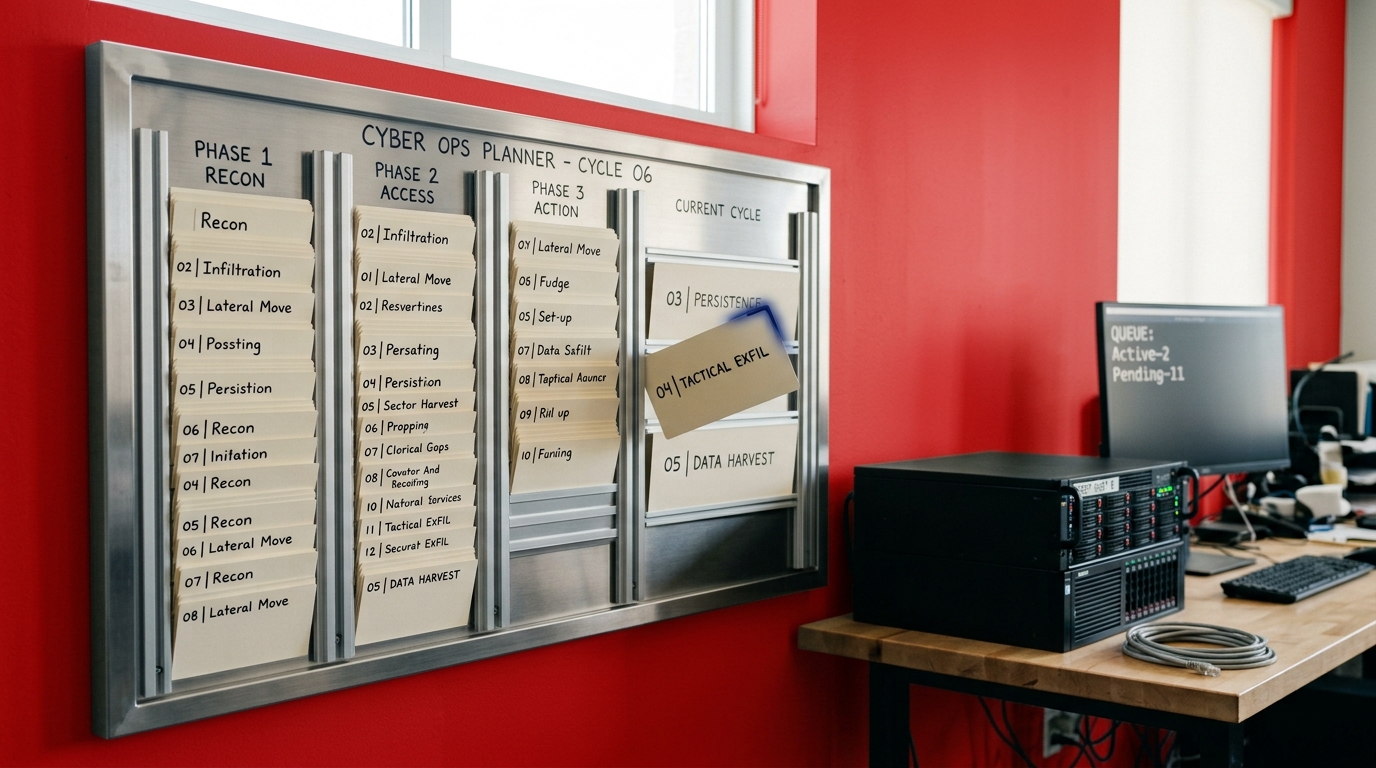 A wall-mounted scenario board in a red-team planning office, a scenario card caught mid-slide into a slotted rail for the current test cycle while earlier columns already hold their rows of seated cards