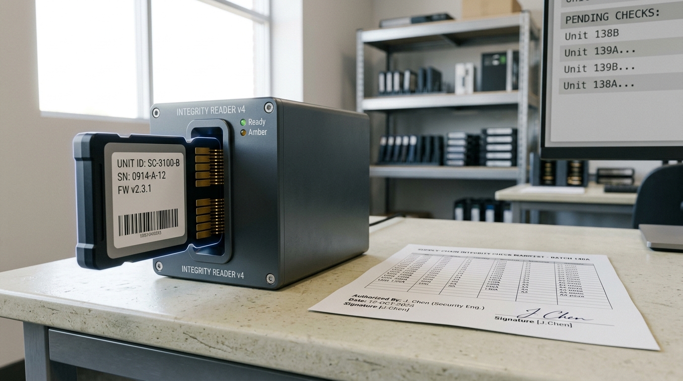 A storage cartridge caught half-inserted into a checksum verification reader on a supply-chain integrity bench, a signed manifest sheet lying beside it and the reader's verification light not yet lit