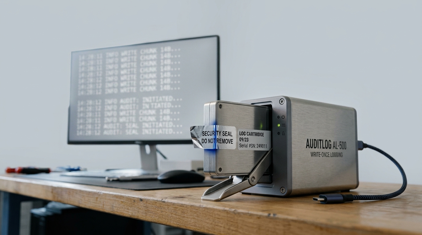A removable log cartridge caught mid-latch into a write-once logging appliance on an audit-logging workstation, its tamper-evident seal half-closed and a screen behind carrying a scrolling column of individual action-log lines