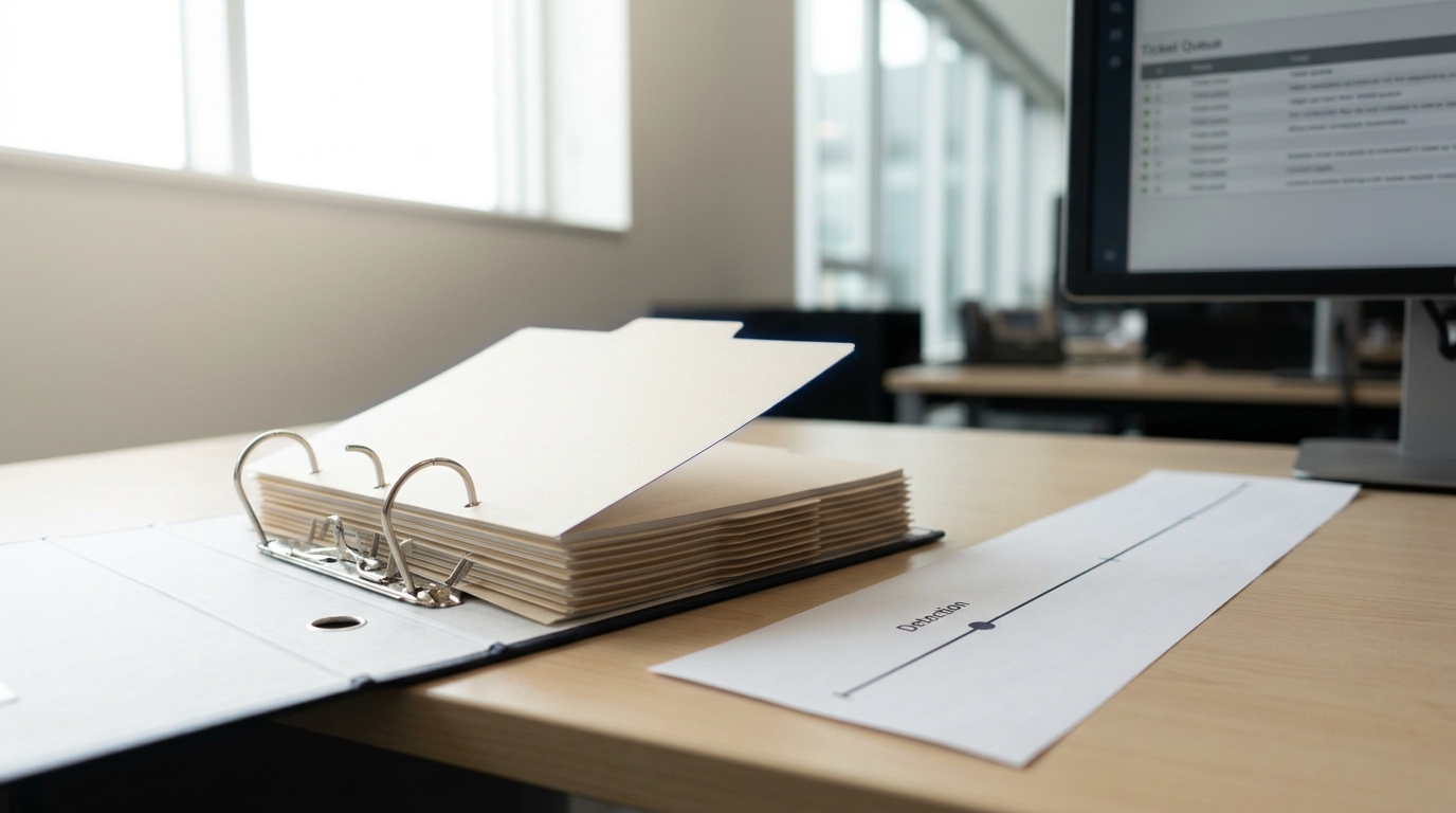 A runbook binder open on an incident-response drafting desk, a new tabbed divider caught halfway through its rings, beside a printed timeline strip with an unfilled span still open past the marked detection point