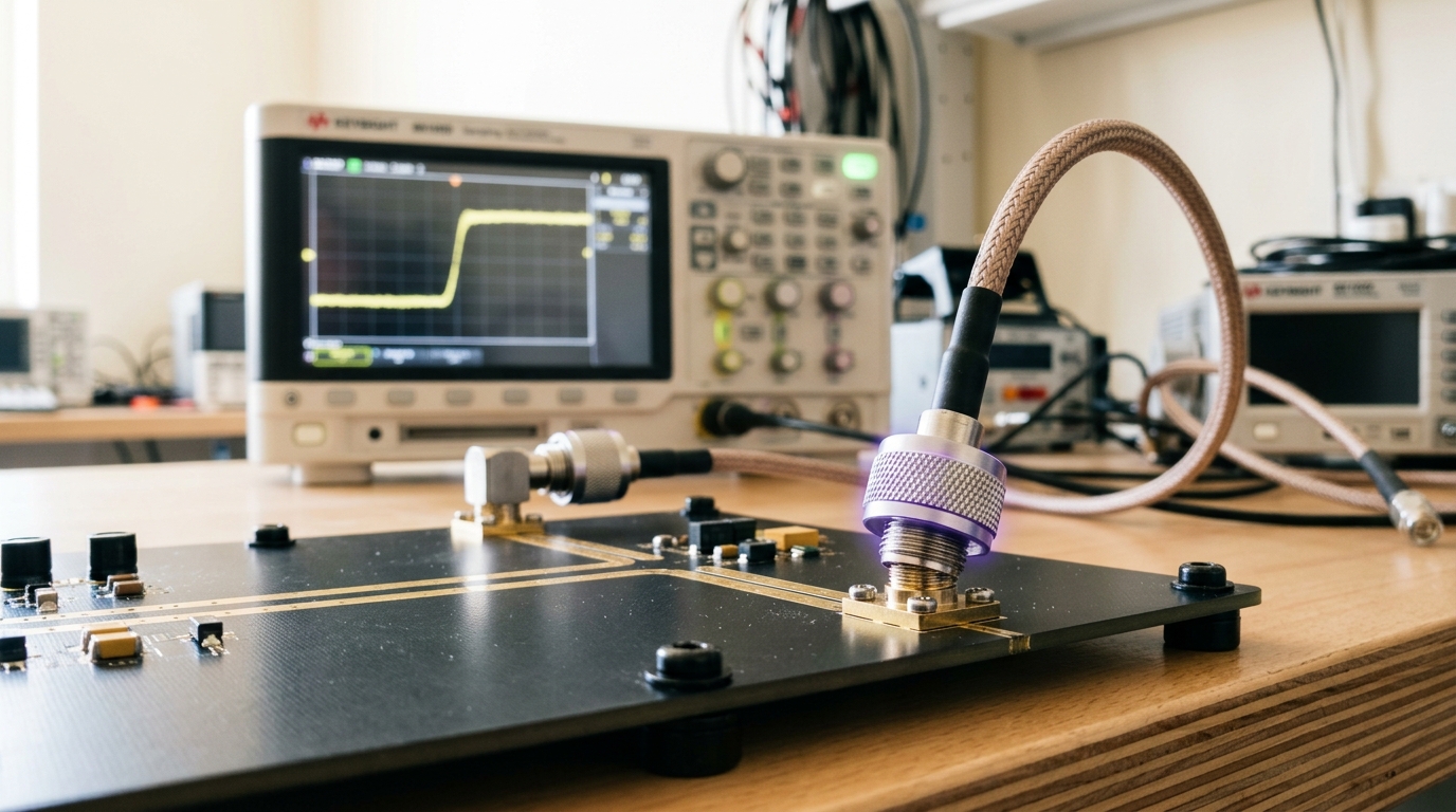 An SMA coaxial connector caught mid-thread onto a channel test fixture board, not yet torqued down, with a sampling oscilloscope showing a partially built eye-diagram trace on a bench in the background