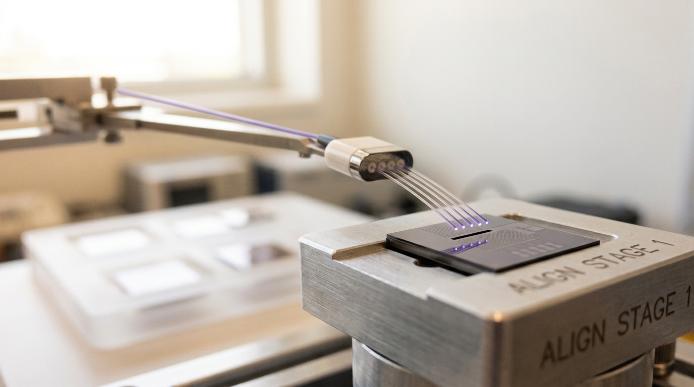 A lensed fibre array held on a micro-positioner arm poised a hair's breadth above a bare photonic die's grating couplers, not yet lowered into alignment