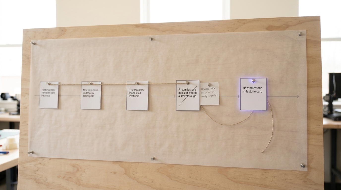 A dated milestone card being pinned onto a pale drafting-vellum roadmap sheet on a plywood board, the pin not yet pressed fully home and a length of waxed cord trailing loose toward its neighbouring card