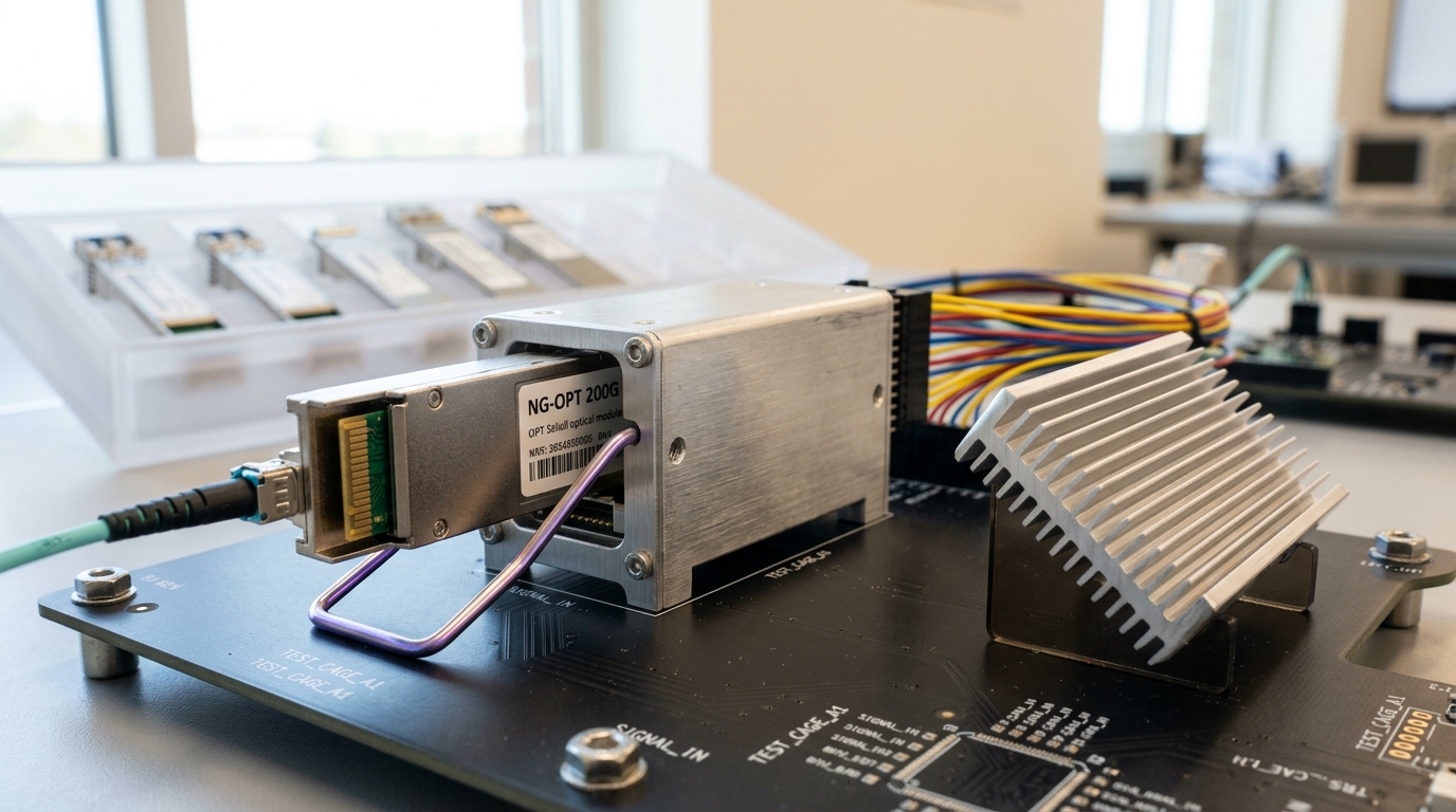 A next-generation pluggable transceiver sample half-seated in a characterization test cage on a bench, its bale latch open and a heatsink lid propped beside it not yet fitted