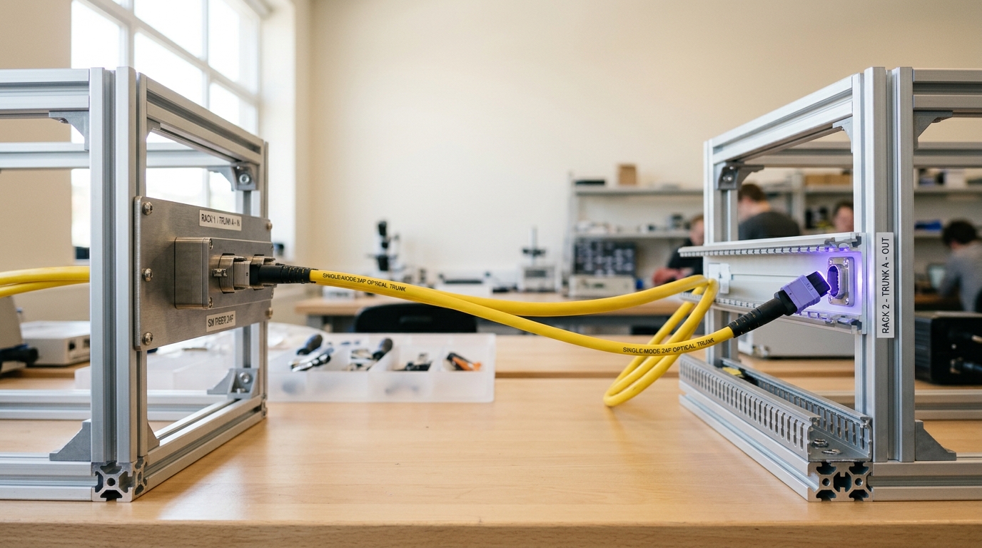 A heavy optical trunk cable spanning between two open bench-scale rack frame mockups, one end seated at the near frame and the far end still loose and undressed in its routing guide