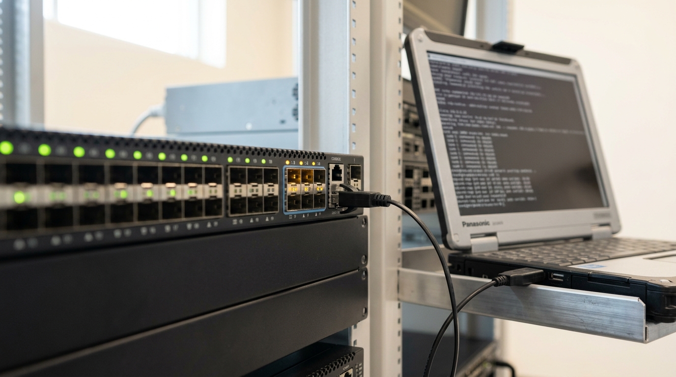 A ruggedized diagnostics laptop cabled into a live leaf switch's console port, its screen showing terminal text, while the switch's front-panel link-status LEDs run mid-training, some lit steady and one still blinking amber