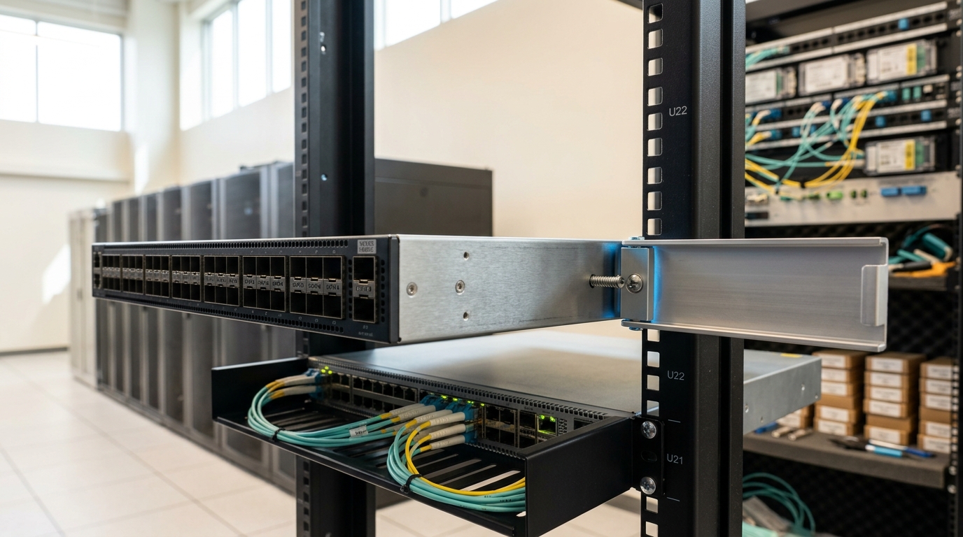 A leaf switch chassis slid half onto its rack rails with its cable-management arm swung open and not yet latched, one rear cage-nut screw driven only partway