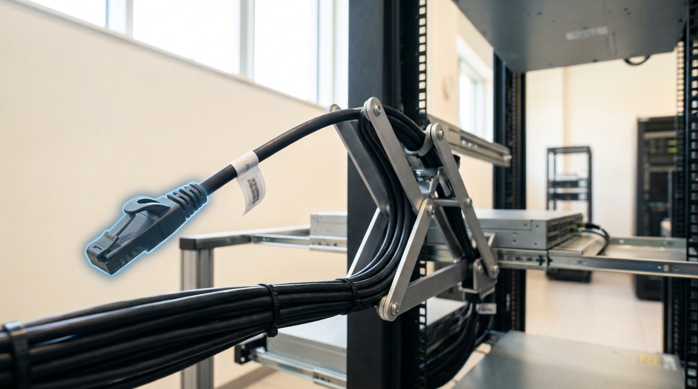 A cable-management arm caught mid-articulation as a switch tray extends on its rails, one DAC copper cable's strain-relief boot not yet snapped closed and a printed cable label wrapped only halfway around its jacket