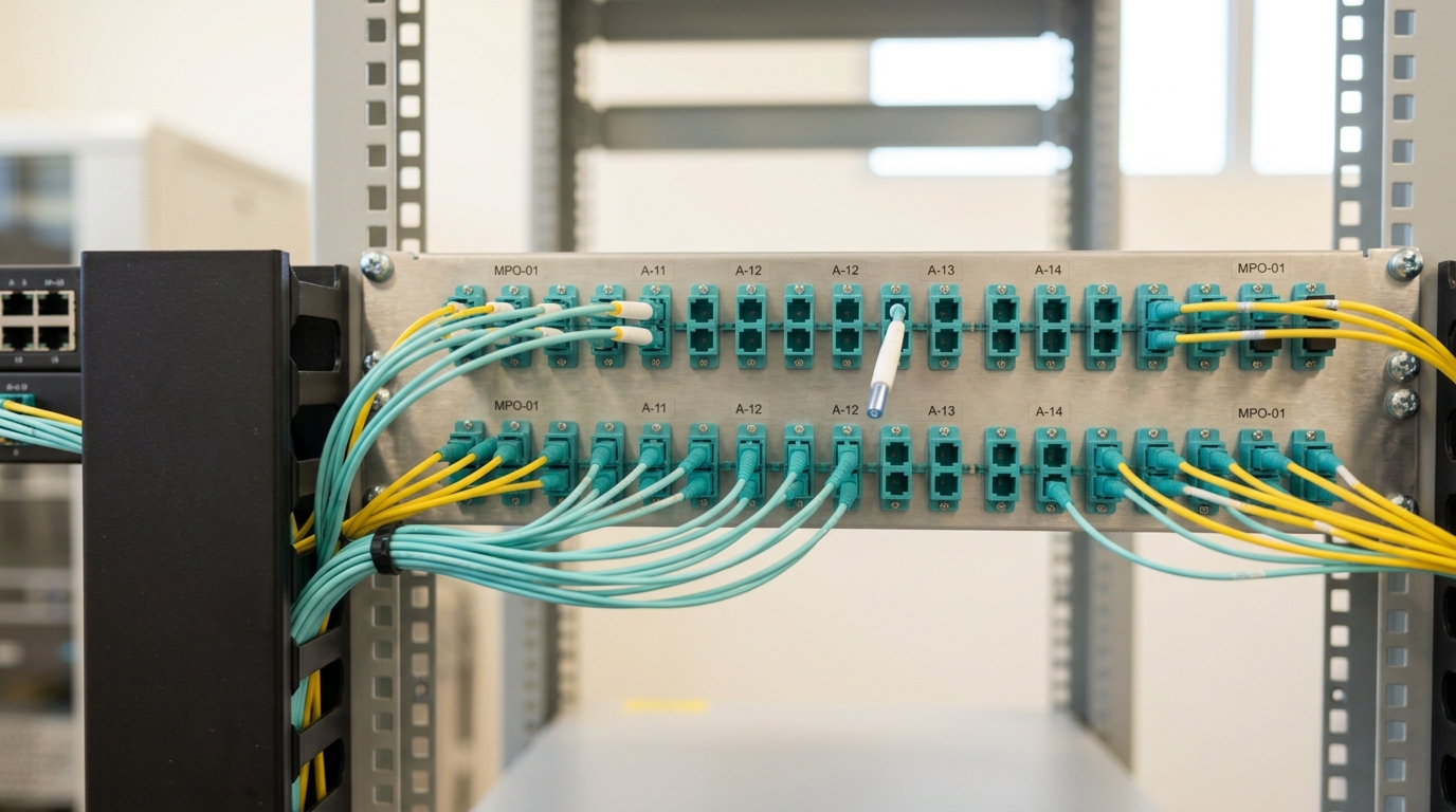 A fibre patch panel of LC and MPO cassettes with one aqua jumper caught mid-move between two labelled rail positions, its ferrule clear of both adapters