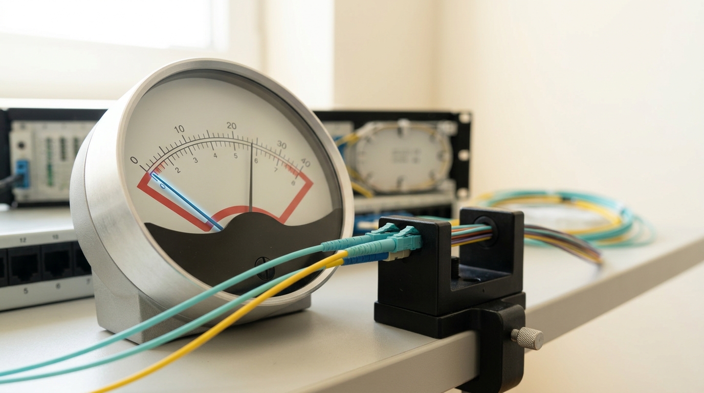 A benchtop optical power meter clamped onto one fibre channel of a live multi-fibre trunk, its needle sitting low against a marked threshold band while the meter's other channel lead reads comfortably inside it
