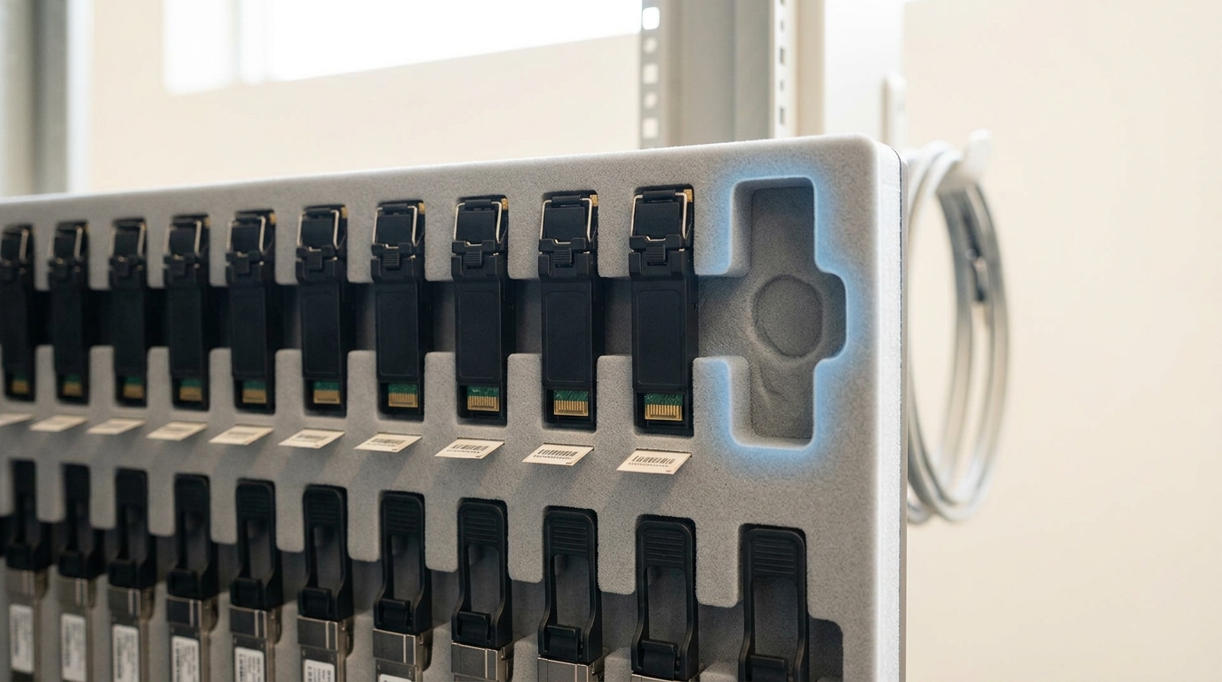 A foam-lined spare-transceiver staging shelf holding two visibly different families of pluggable modules in labelled cutouts, one cutout standing empty where a module has just been pulled