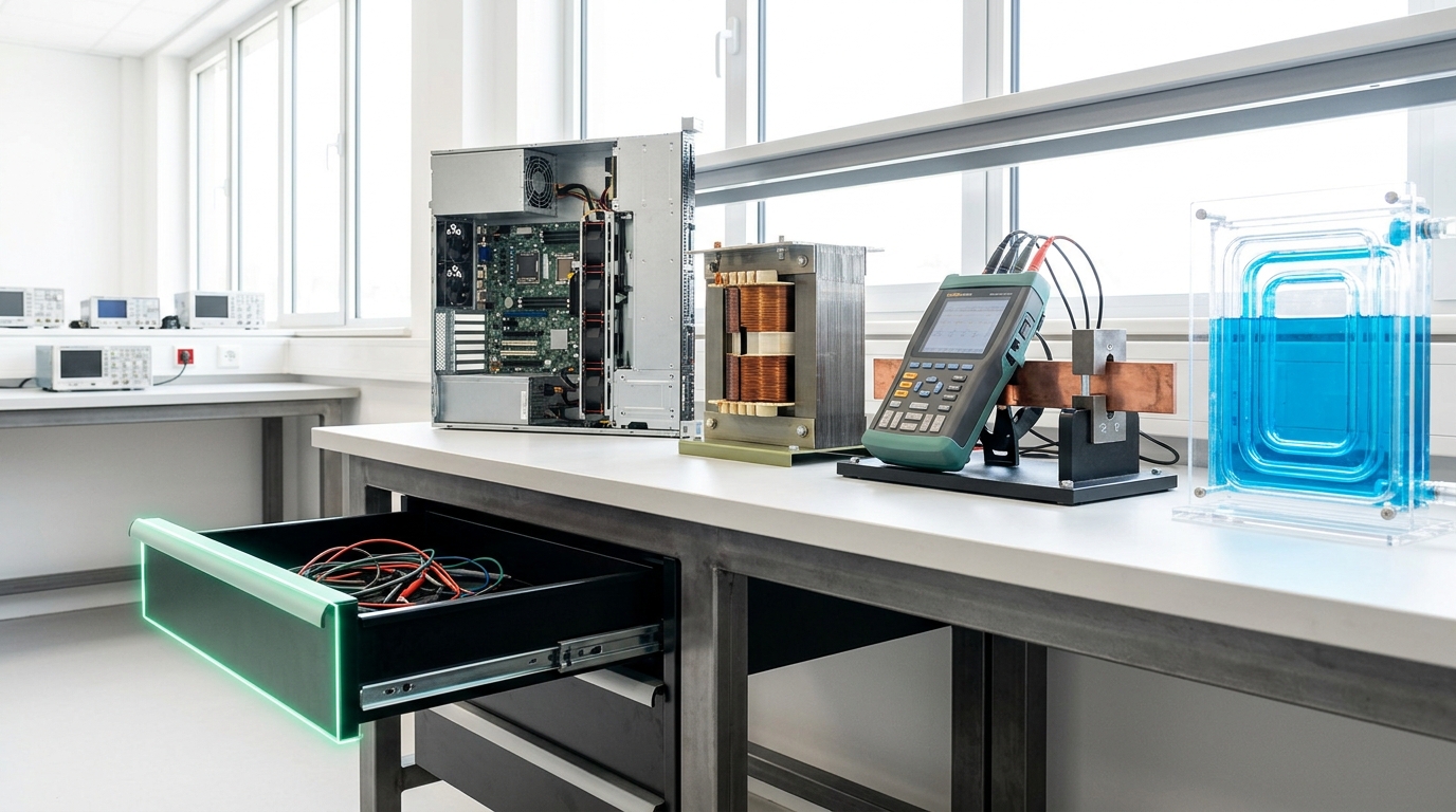 A wide view of a bright engineering demonstration bench holding an open server chassis, a cutaway transformer model, a clamp-on power-quality analyzer, and a sectioned cooling loop, with a drawer of test leads still sliding shut beneath the bench