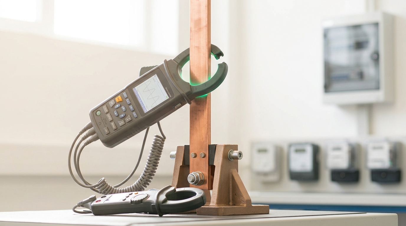 A three-phase power-quality analyzer with its clamp jaw caught mid-close around a copper busbar on a bright test bench, its screen tracing a faint waveform