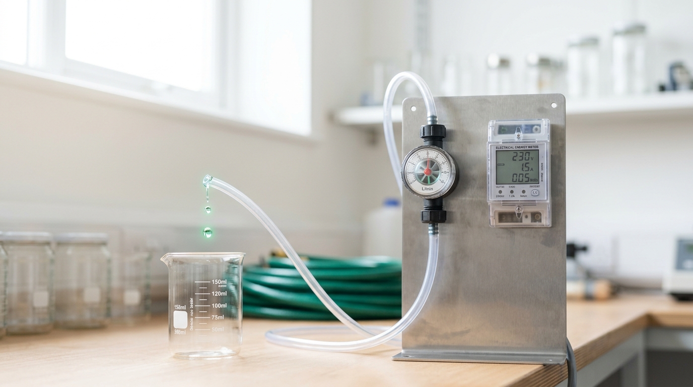 A small water flow meter and an electrical energy meter mounted side by side on a bench, the first drops of water caught just leaving the flow meter's outlet above a dry graduated glass jar
