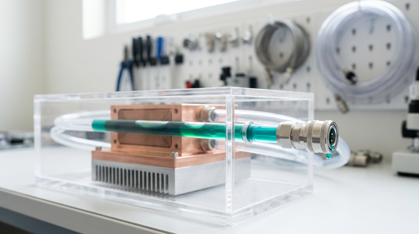 A sectioned cutaway of a cold-plate cooling loop on a bench, dyed coolant caught mid-flow through its clear channels toward a quick-disconnect coupling