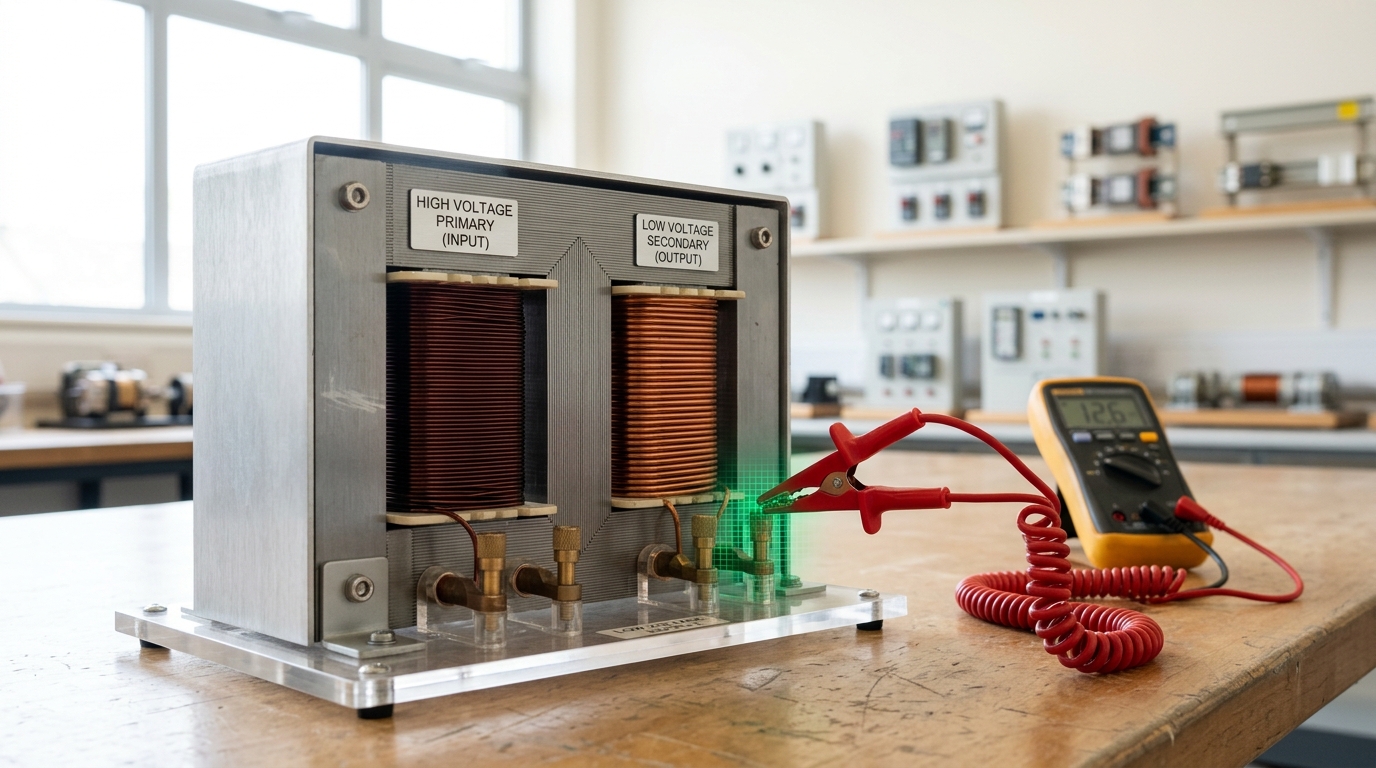 A cutaway step-down transformer teaching model on a bench, its casing opened to show windings at successive voltage stages, a probe lead caught mid-touch on one winding terminal