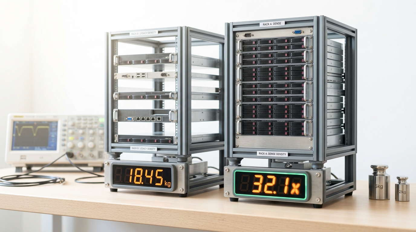 Two small scale-model server racks on a bench, one at legacy density and one at AI density, each mounted on its own load cell with a digital power readout