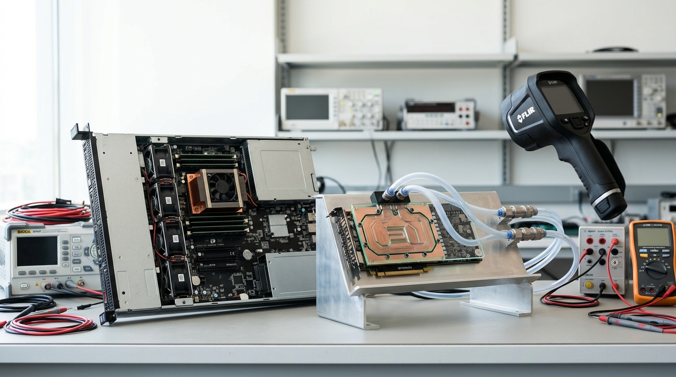 A traditional air-cooled 1U server chassis open beside a liquid-cooled accelerator tray on a bright engineering bench, a handheld thermal-imaging camera caught mid-lift toward them