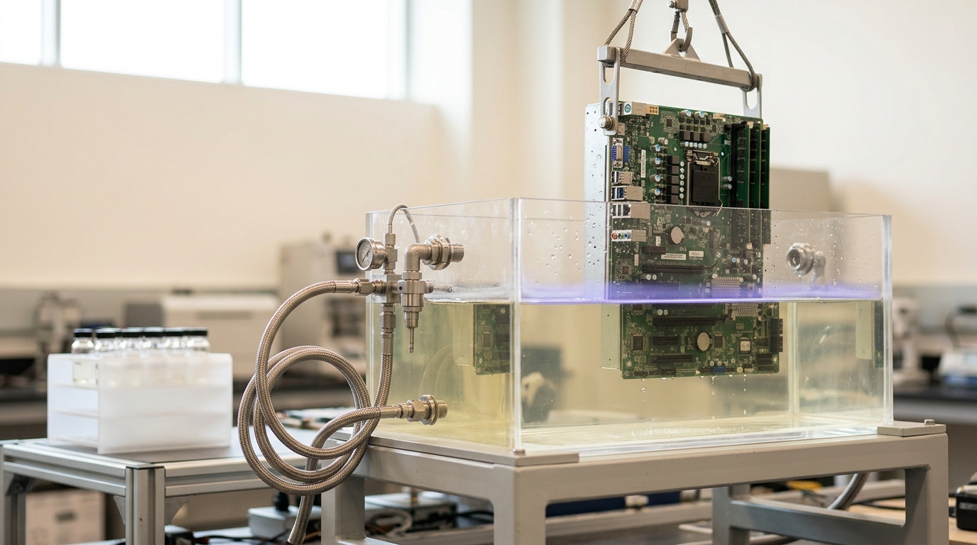 An immersion-cooling prototype tank with a bare server tray caught partway lowered into pale dielectric fluid, its lower edge submerged and its upper connector row still dry