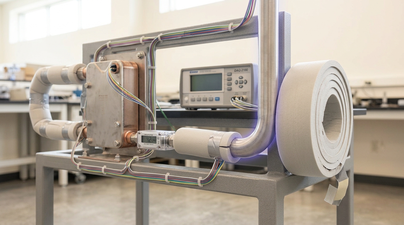 A compact plate heat exchanger module on a characterization test rig, instrumented with thermocouple leads and a flow meter, its pipe insulation lagging fitted along one run and still bare along the other