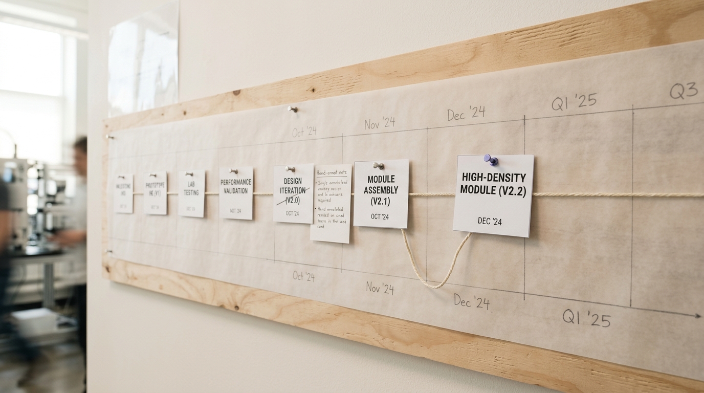 A dated milestone card being pinned onto a pale drafting-vellum roadmap sheet on a plywood board, the steel pushpin angled and not yet driven flush and a length of waxed cord trailing loose