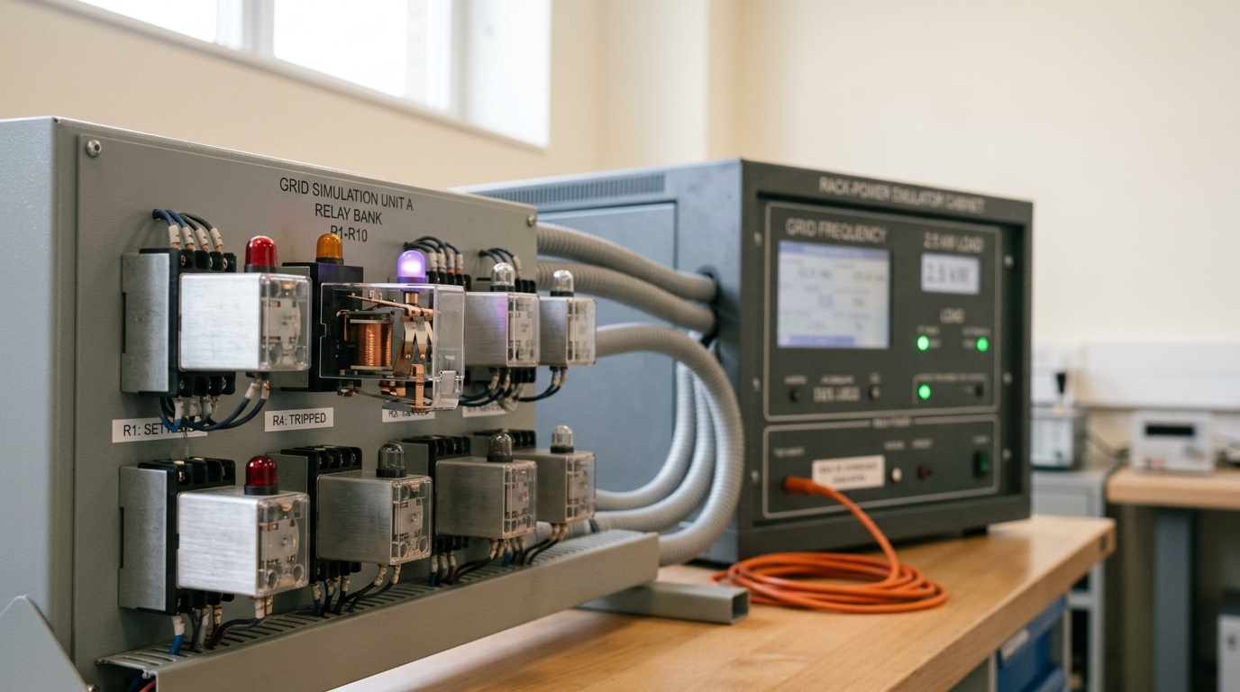 A grid-flexibility test rig with a bank of relays wired to a rack-power emulator, one relay caught mid-throw with its armature still travelling as a simulated curtailment signal is applied