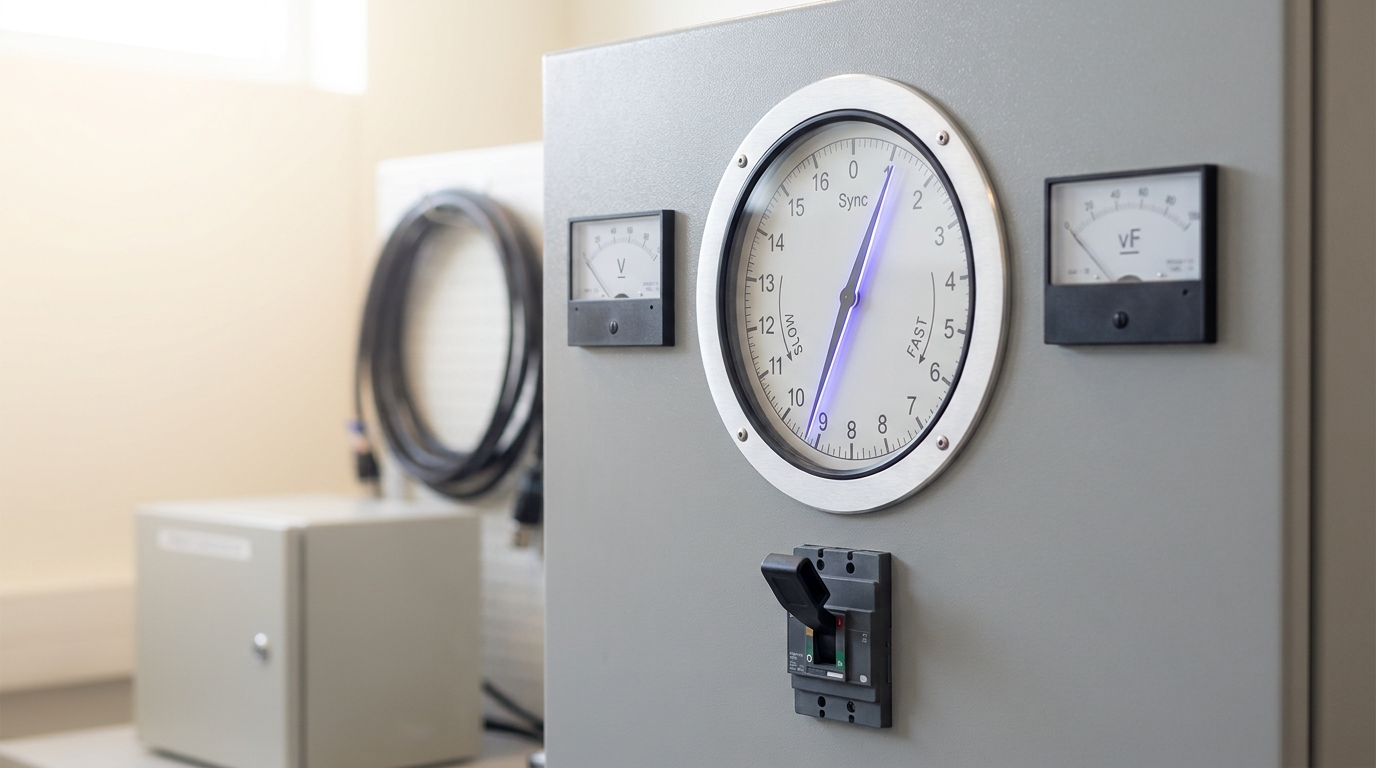 A bench-scale behind-the-meter generator synchronization panel with a synchroscope needle caught mid-sweep just short of the twelve o'clock position and a breaker handle not yet thrown to close