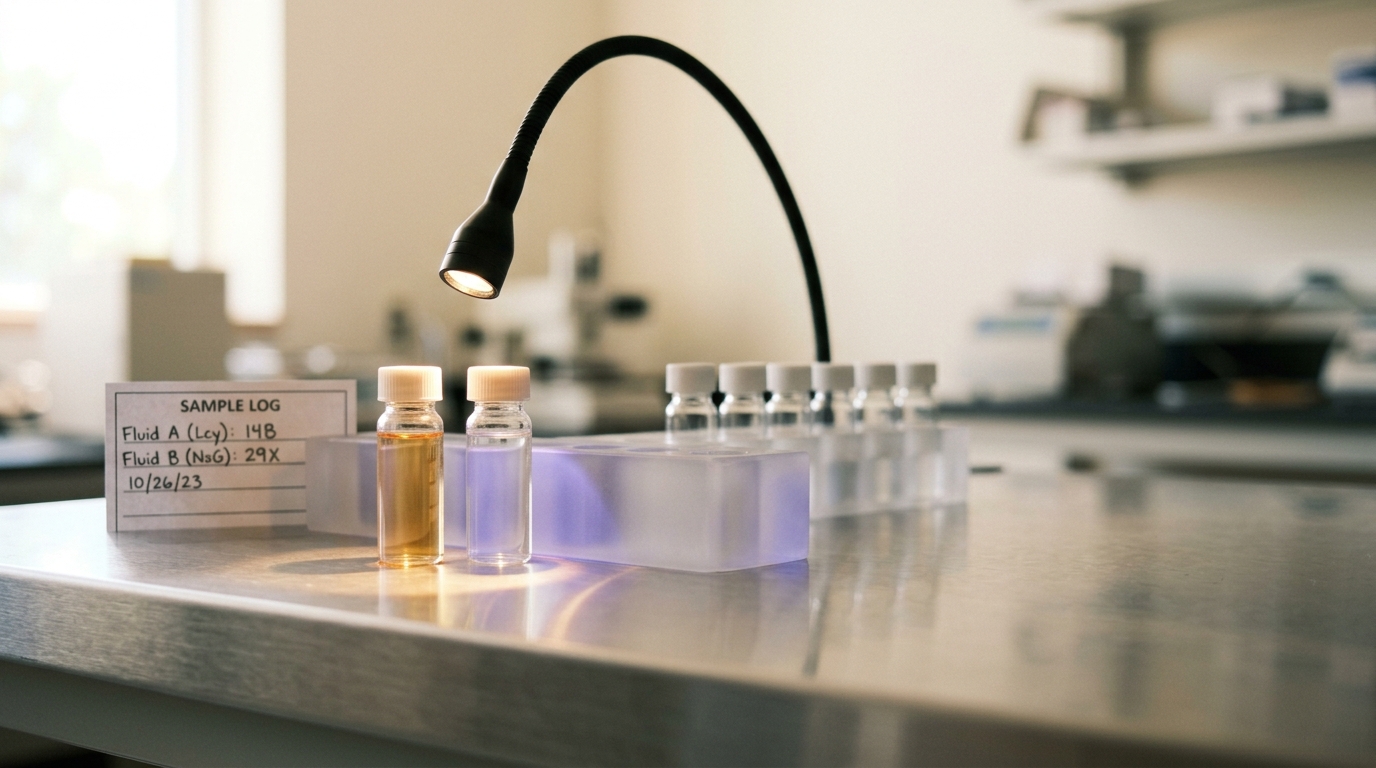 Two glass sample vials of dielectric coolant, one darker legacy fluorinated fluid and one paler next-generation candidate, standing side by side on a fluid-characterization bench under an analysis lamp not yet centred on the second vial