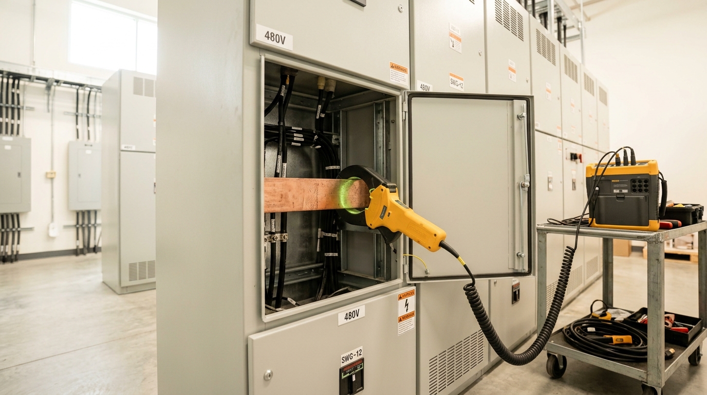 A power-quality analyser's current clamp caught mid-close around a busbar inside an open switchgear panel, its trailing lead running to the analyser unit on a cart