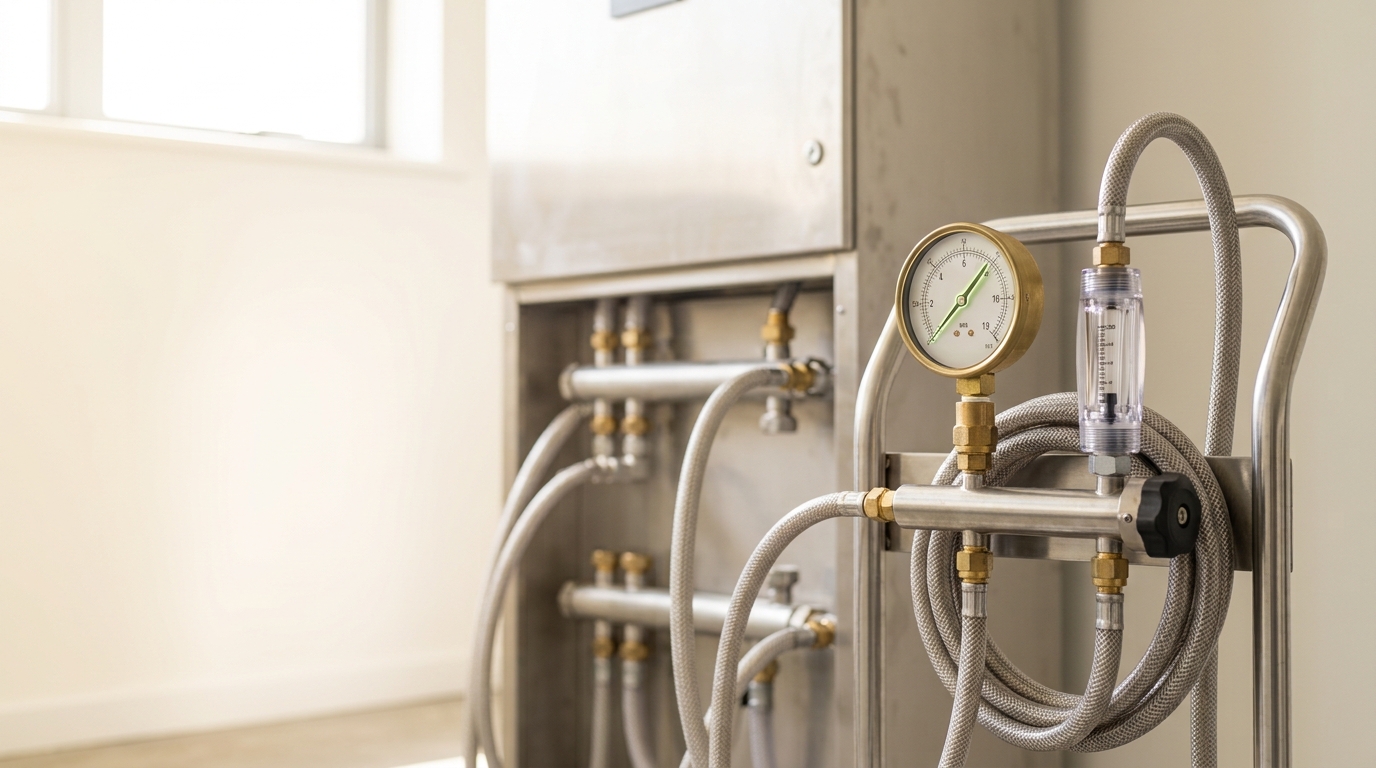 A portable hydronic test cart plumbed into a coolant distribution unit, its pressure gauge needle caught mid-swing as the loop is charged, a flow meter reading rising beside it