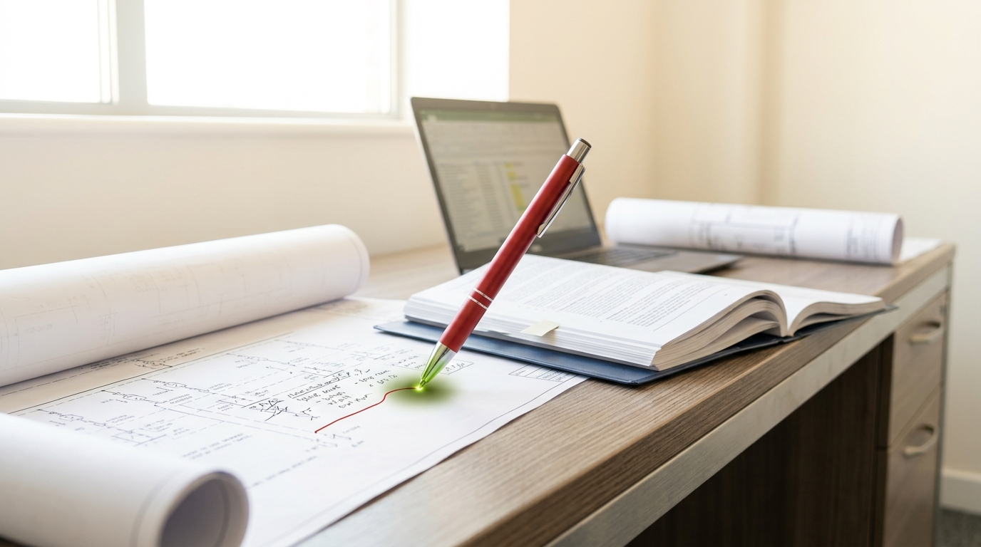 A document-review bench with a printed interconnection single-line diagram half marked up in red pen, the pen still touching the page mid-stroke beside a stack of study binders