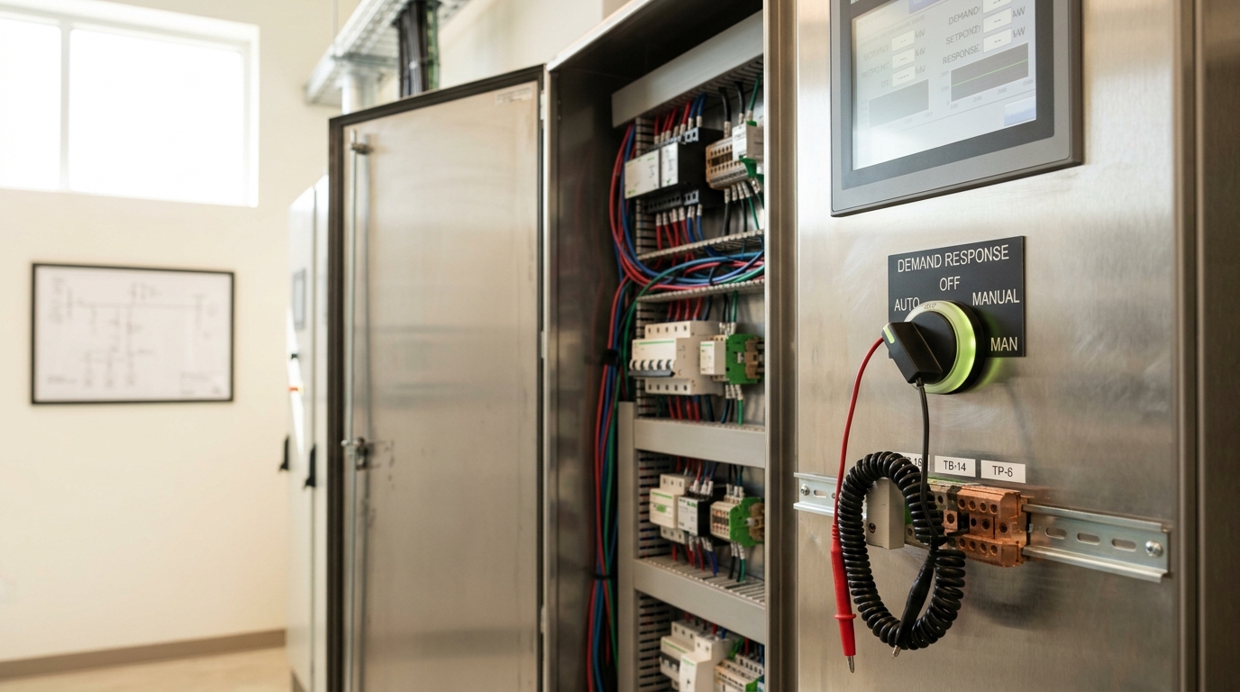 A demand-response control cabinet open for commissioning, its configuration touchscreen showing a soft blur of setpoint fields and a physical selector switch caught mid-turn beside it