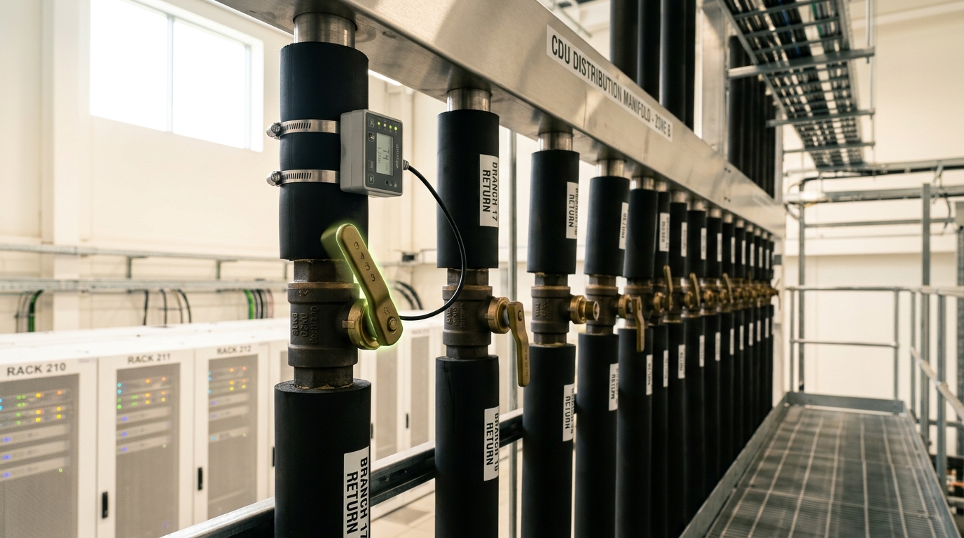 A CDU distribution manifold with an ultrasonic flow meter clamped to a supply branch and a balancing valve stem caught mid-turn as flow is set rack by rack