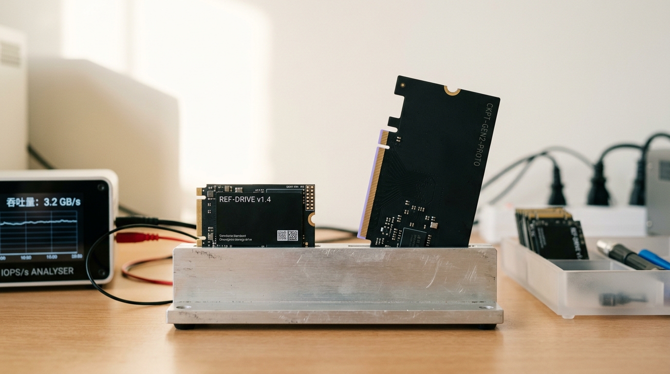 A next-generation checkpoint-storage sample caught half-seated in a characterization fixture on a bench, its edge connector only part-way home and a reference drive already fully seated beside it