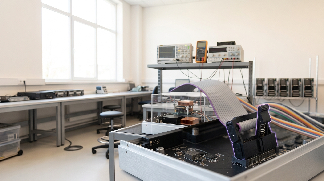 A freshly built accelerator node on a burn-in commissioning rack with its diagnostic harness connector caught only part-way into its socket, not yet seated, before the node is admitted to the fleet