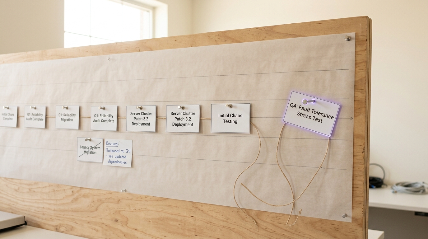 A dated milestone card being pinned onto a pale drafting-vellum roadmap sheet pinned to a board, the steel pin not yet pressed flush and a length of waxed cord trailing loose toward the previous card