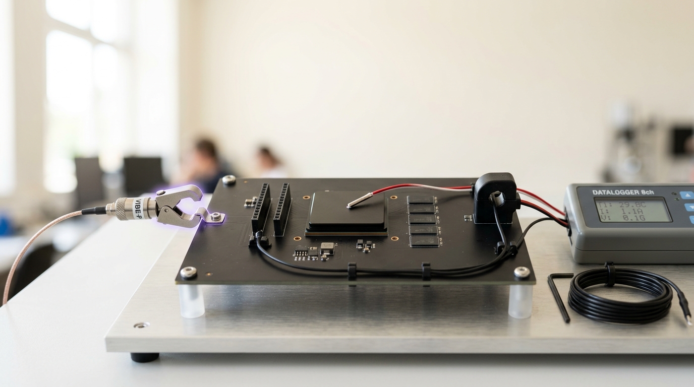 A predictive-failure-detection sensor bench with a vibration probe caught mid-clip onto a bare accelerator carrier board, its jaw only half closed around the mounting lug, beside two probes already seated