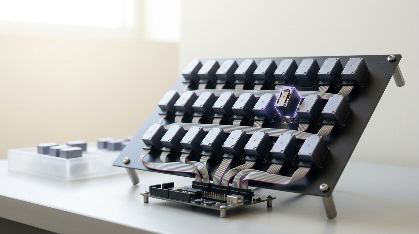 A relay bank on a self-healing-scheduler prototype test rig with one relay caught mid-throw simulating a failing node being evicted and rerouted, its armature still travelling and not yet seated